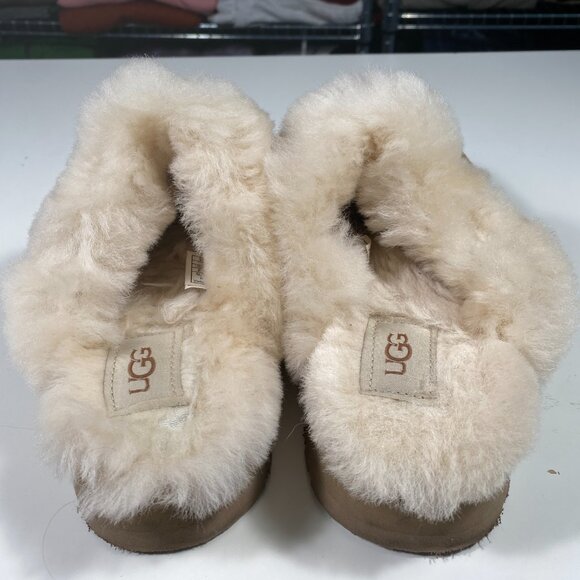 UGG Tan Moccasins with Cream Fur Trim - Picture 3 of 7